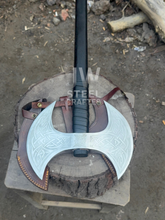 Load image into Gallery viewer, Custom engraved Viking battle axe with double-headed blade, leather sheath, and solid wooden handle – perfect for collectors and gifting.