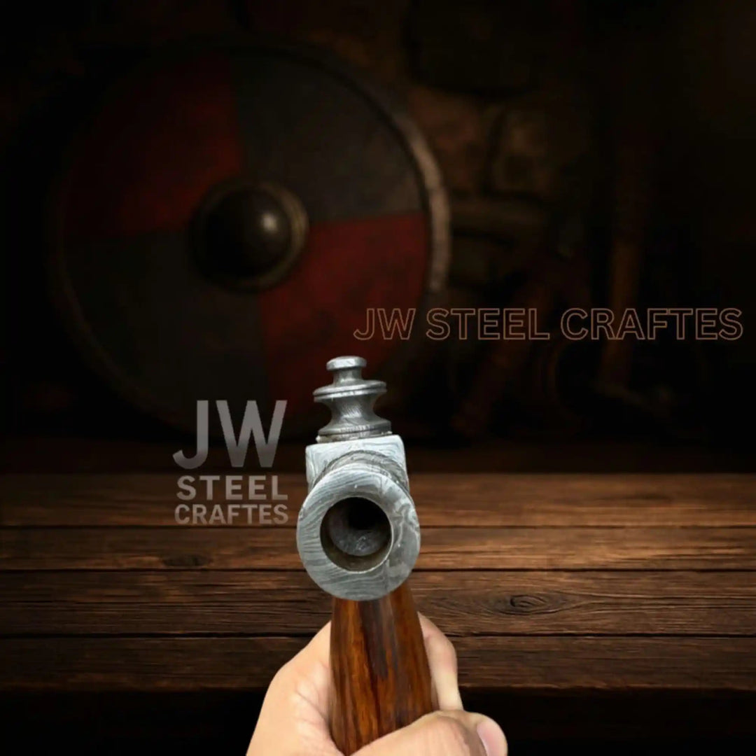 Noble Damascus Viking war axe with elegant steel layering and polished hardwood construction.