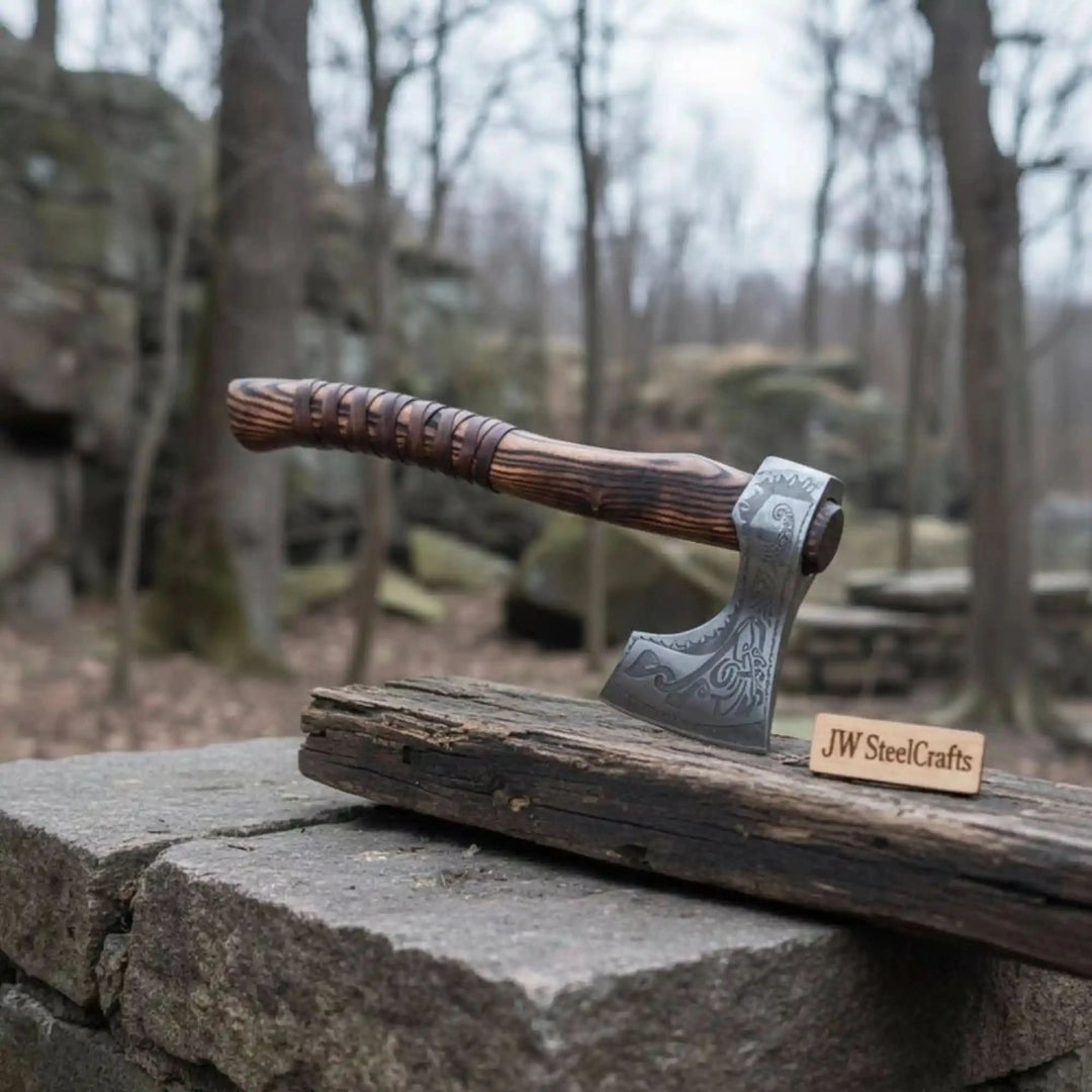 Nebula-inspired Norse combat axe featuring decorative silver engravings and rustic wrapped wooden grip.