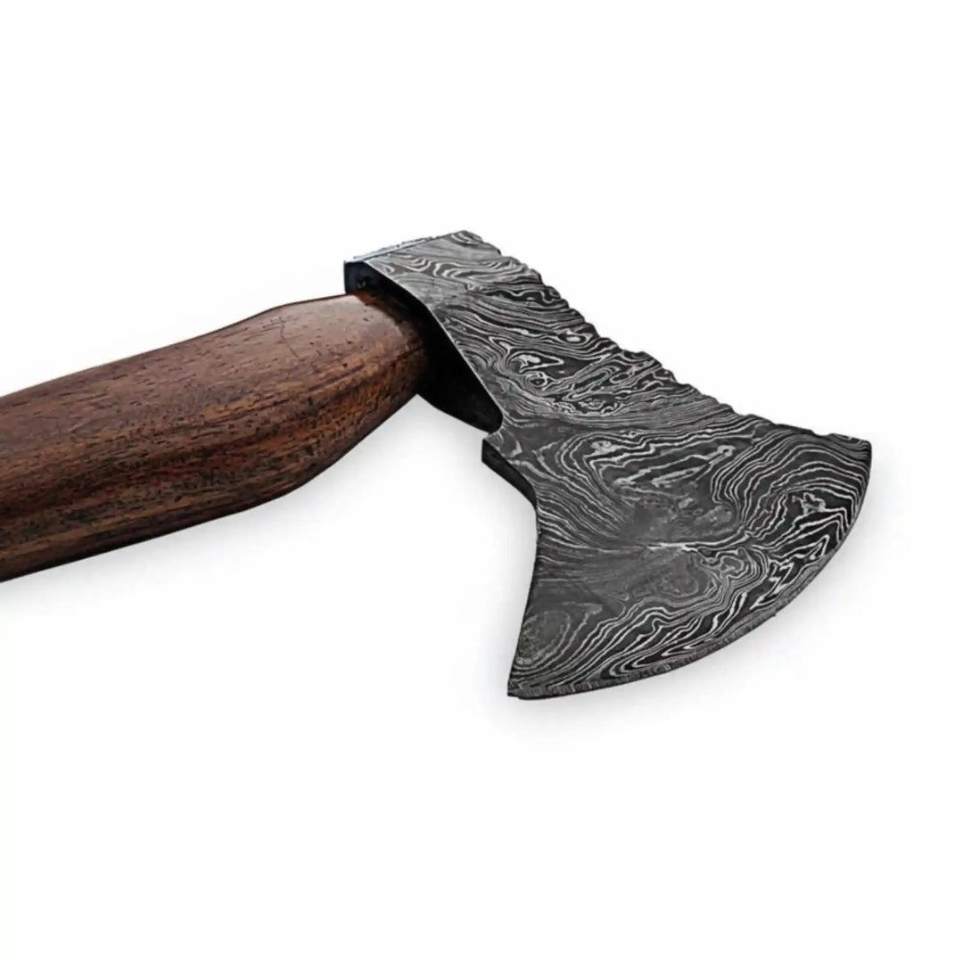 Kingshade-themed Viking Damascus war axe showcasing layered steel blade and curved hardwood craftsmanship.