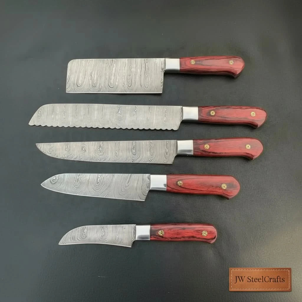 Rustic wood table cooking knives displayed neatly in diagonal presentation.