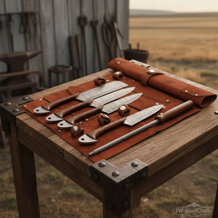 Professional culinary blades arranged diagonally on weathered timber table with sharpening steel accessory included.