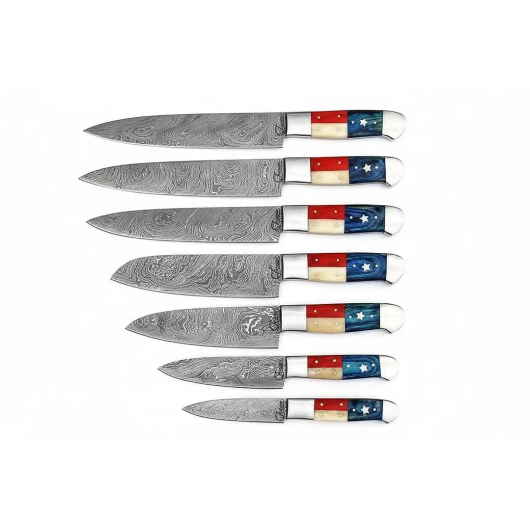 8 Piece Hand Forged Damascus Kitchen Knife Set, Texas Flag Inspired Handles, Full Tang Chef, Bread, Utility and Paring Knives handmade Handmade Chef Knife Sets 