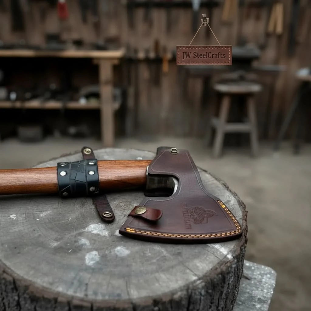 Nightforge-themed Norse survival hatchet displaying tactical axe styling and handcrafted leather details.