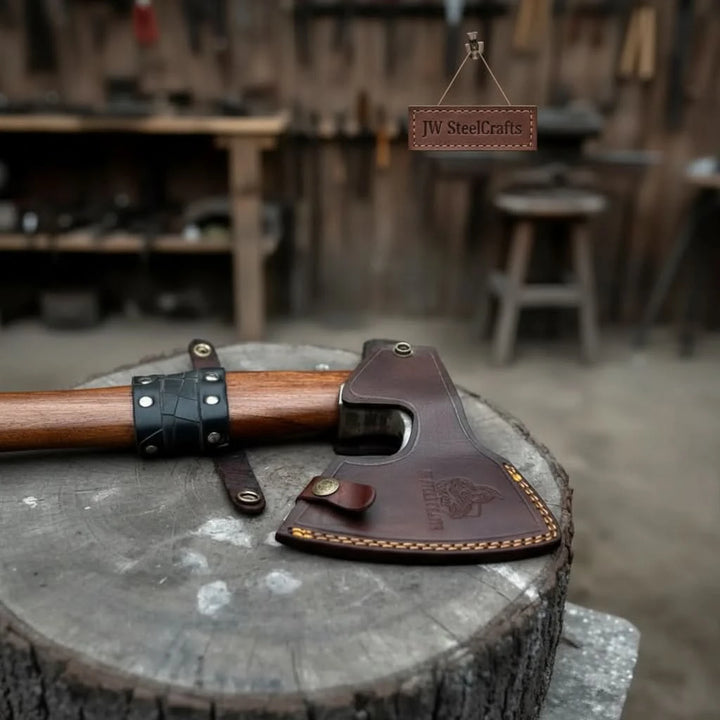 Nightforge-themed Norse survival hatchet displaying tactical axe styling and handcrafted leather details.