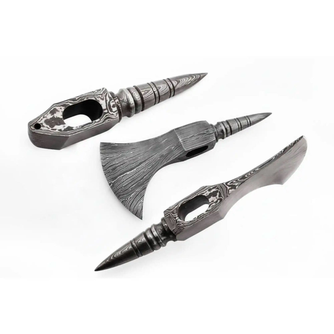     Dark finish Damascus axe components with forged wave patterns and sharp pointed tips