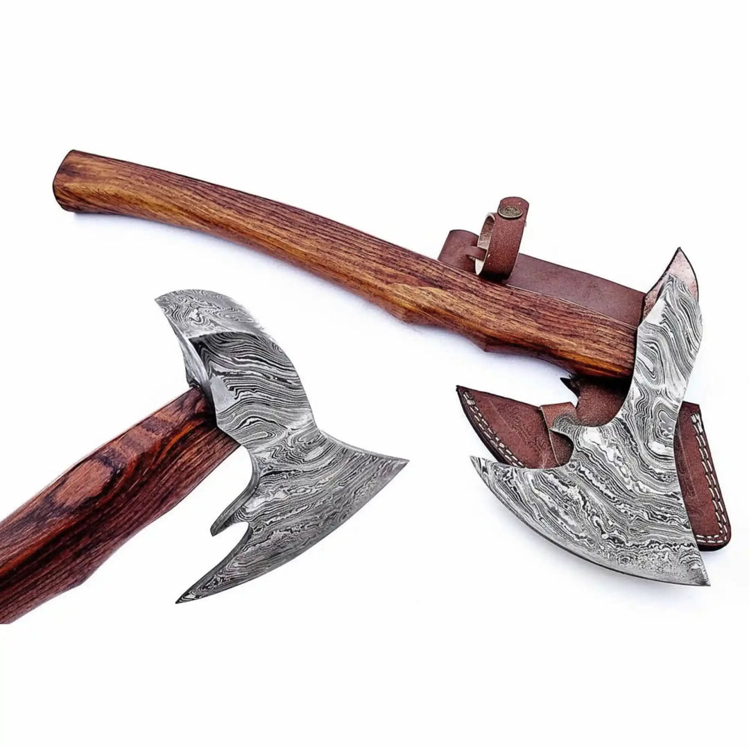     Nomad-themed Norse Damascus weapon showcasing double edge blade design and artisan hardwood construction.