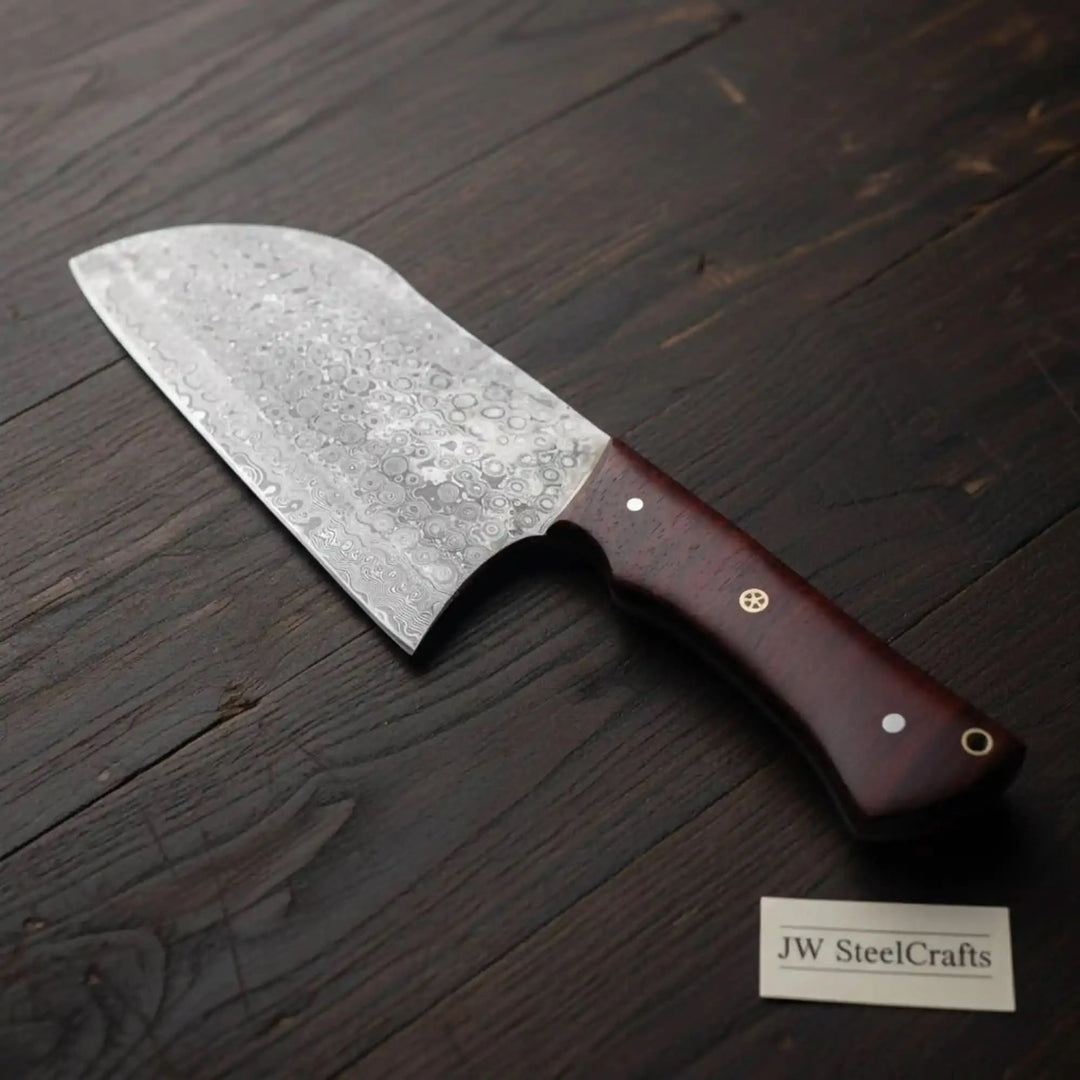 Unique wide blade chef knife with rounded Damascus blade and ergonomic handle