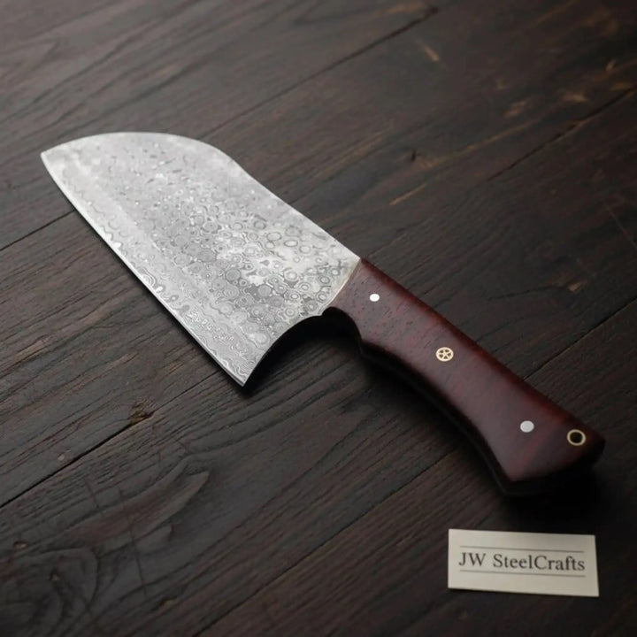 Unique wide blade chef knife with rounded Damascus blade and ergonomic handle
