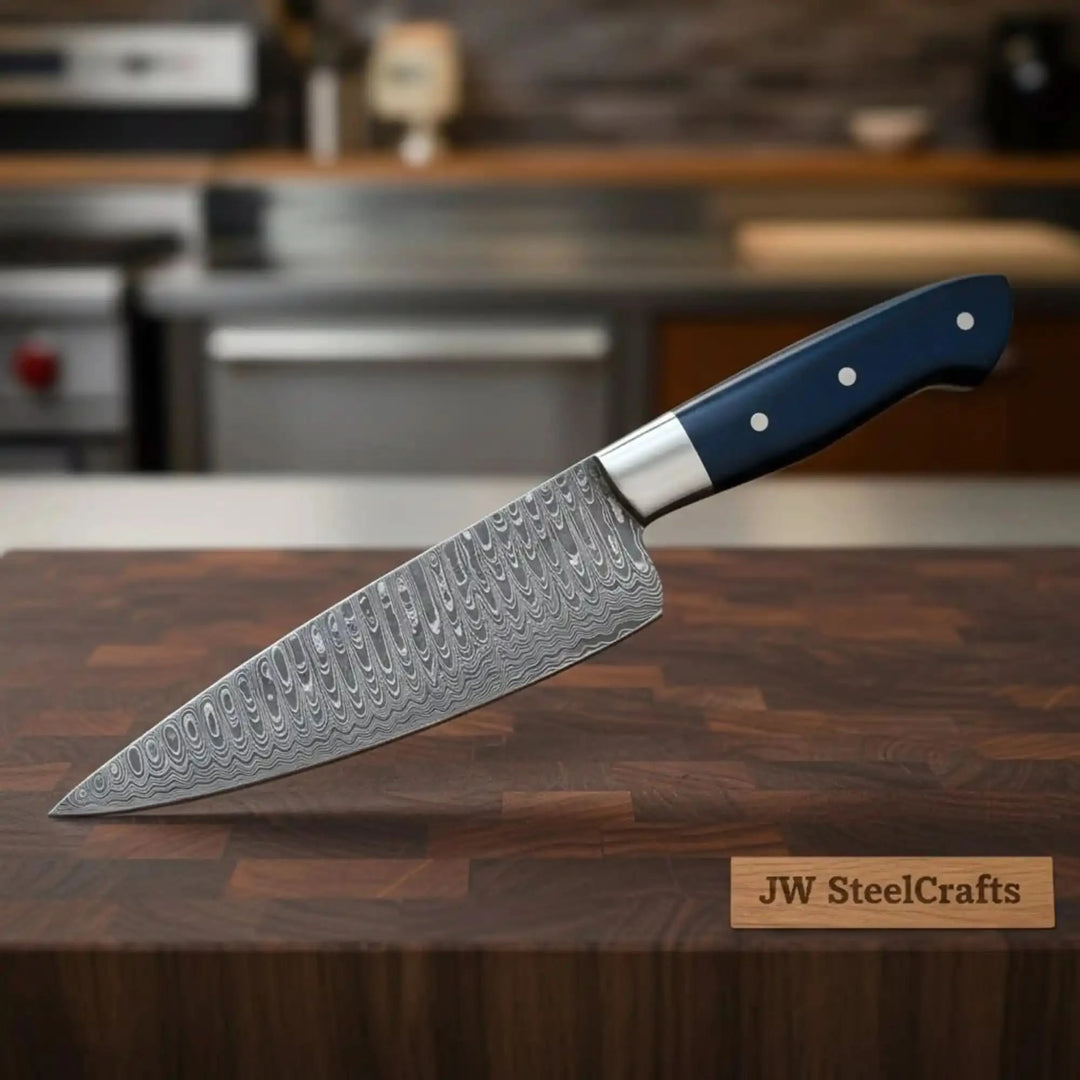 Silver bolster patterned kitchen blade with dark blue handle resting in a modern kitchen
