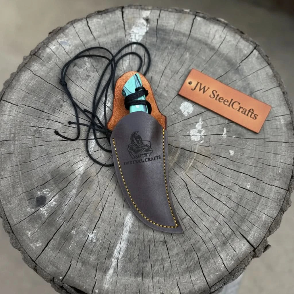 Neck Knife with Leather Sheath – Mini Damascus Pattern Blade | Green Resin Handle | JW SteelCrafts handmade Neck Knife by JW SteelCrafts