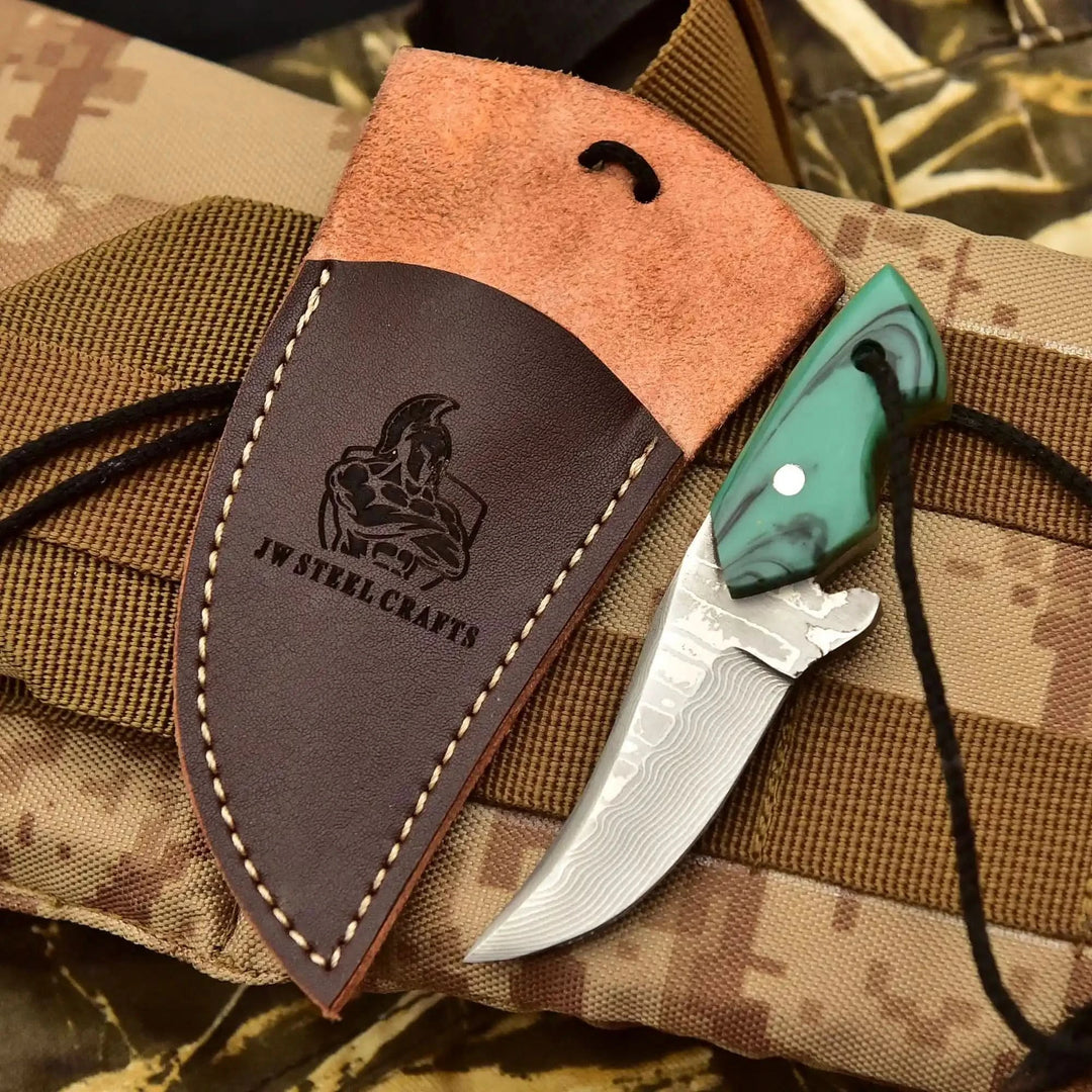 Neck Knife with Leather Sheath – Mini Damascus Pattern Blade | Green Resin Handle | JW SteelCrafts handmade Neck Knife by JW SteelCrafts