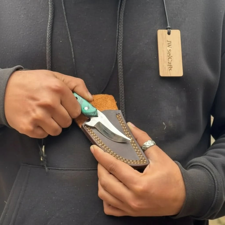 Neck Knife with Leather Sheath – Mini Damascus Pattern Blade | Green Resin Handle | JW SteelCrafts handmade Neck Knife by JW SteelCrafts