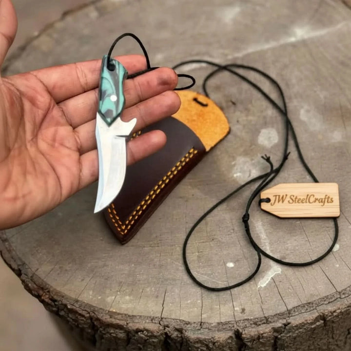 Neck Knife with Leather Sheath – Mini Damascus Pattern Blade | Green Resin Handle | JW SteelCrafts handmade Neck Knife by JW SteelCrafts