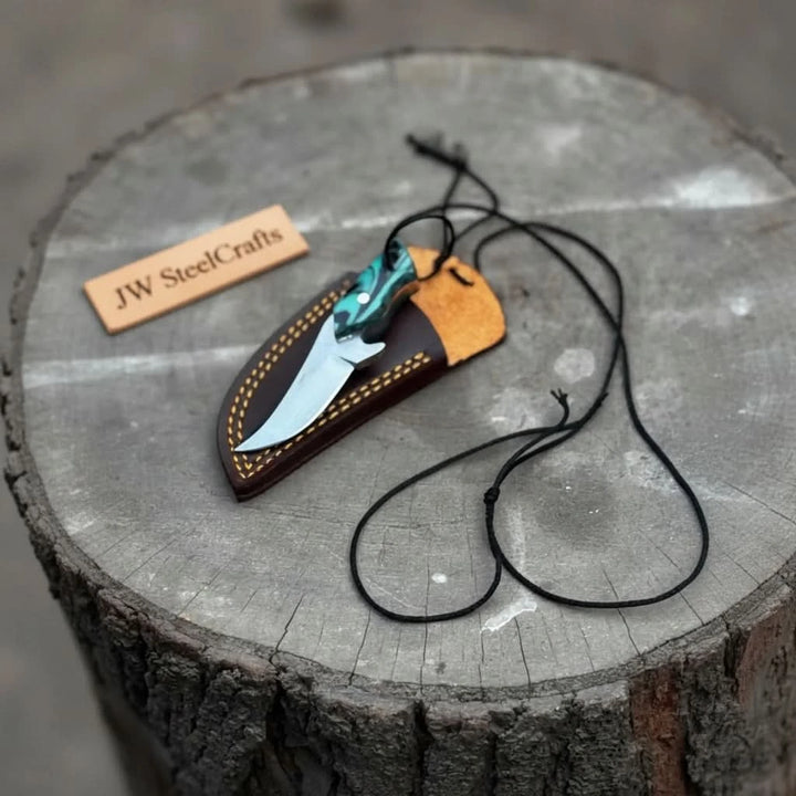 Neck Knife with Leather Sheath – Mini Damascus Pattern Blade | Green Resin Handle | JW SteelCrafts handmade Neck Knife by JW SteelCrafts