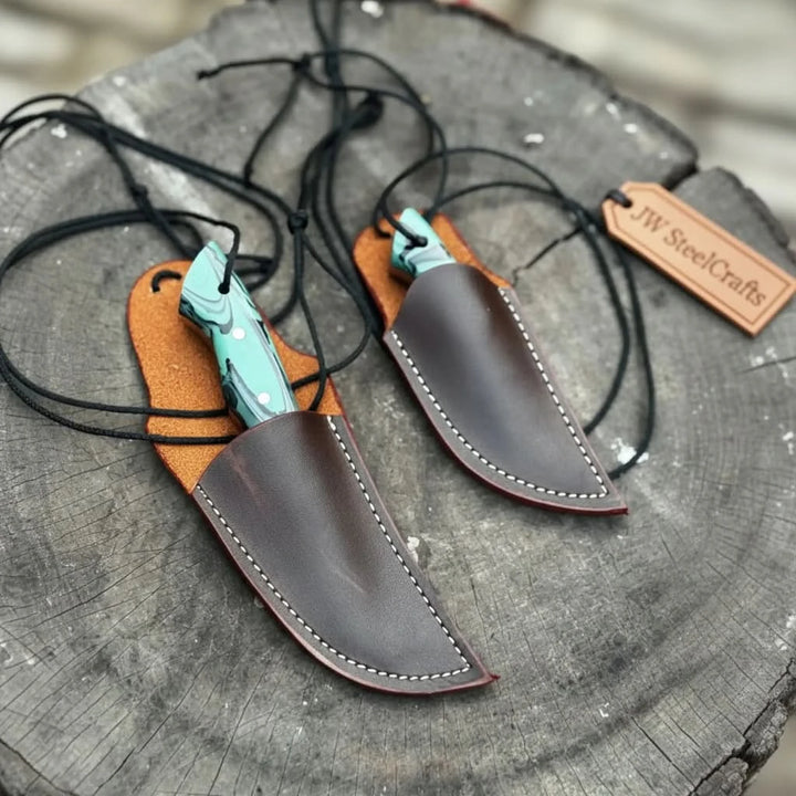 Neck Knife with Leather Sheath – Mini Damascus Pattern Blade | Green Resin Handle | JW SteelCrafts handmade Neck Knife by JW SteelCrafts
