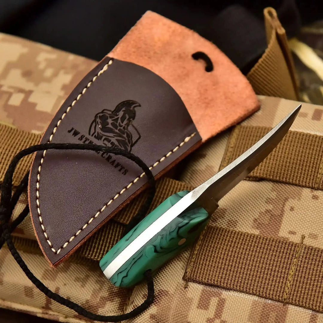Neck Knife with Leather Sheath – Mini Damascus Pattern Blade | Green Resin Handle | JW SteelCrafts handmade Neck Knife by JW SteelCrafts