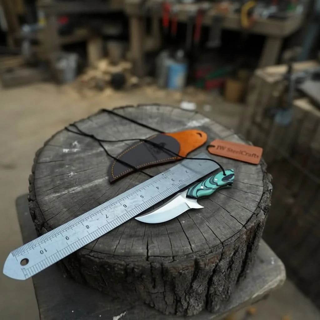 Neck Knife with Leather Sheath – Mini Damascus Pattern Blade | Green Resin Handle | JW SteelCrafts handmade Neck Knife by JW SteelCrafts