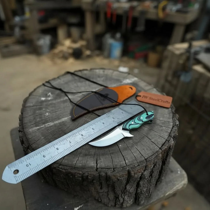 Neck Knife with Leather Sheath – Mini Damascus Pattern Blade | Green Resin Handle | JW SteelCrafts handmade Neck Knife by JW SteelCrafts
