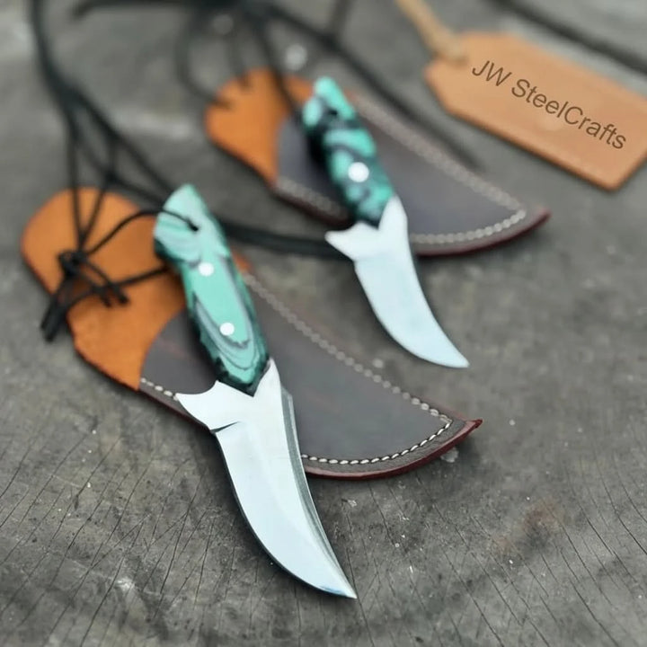 Neck Knife with Leather Sheath – Mini Damascus Pattern Blade | Green Resin Handle | JW SteelCrafts handmade Neck Knife by JW SteelCrafts