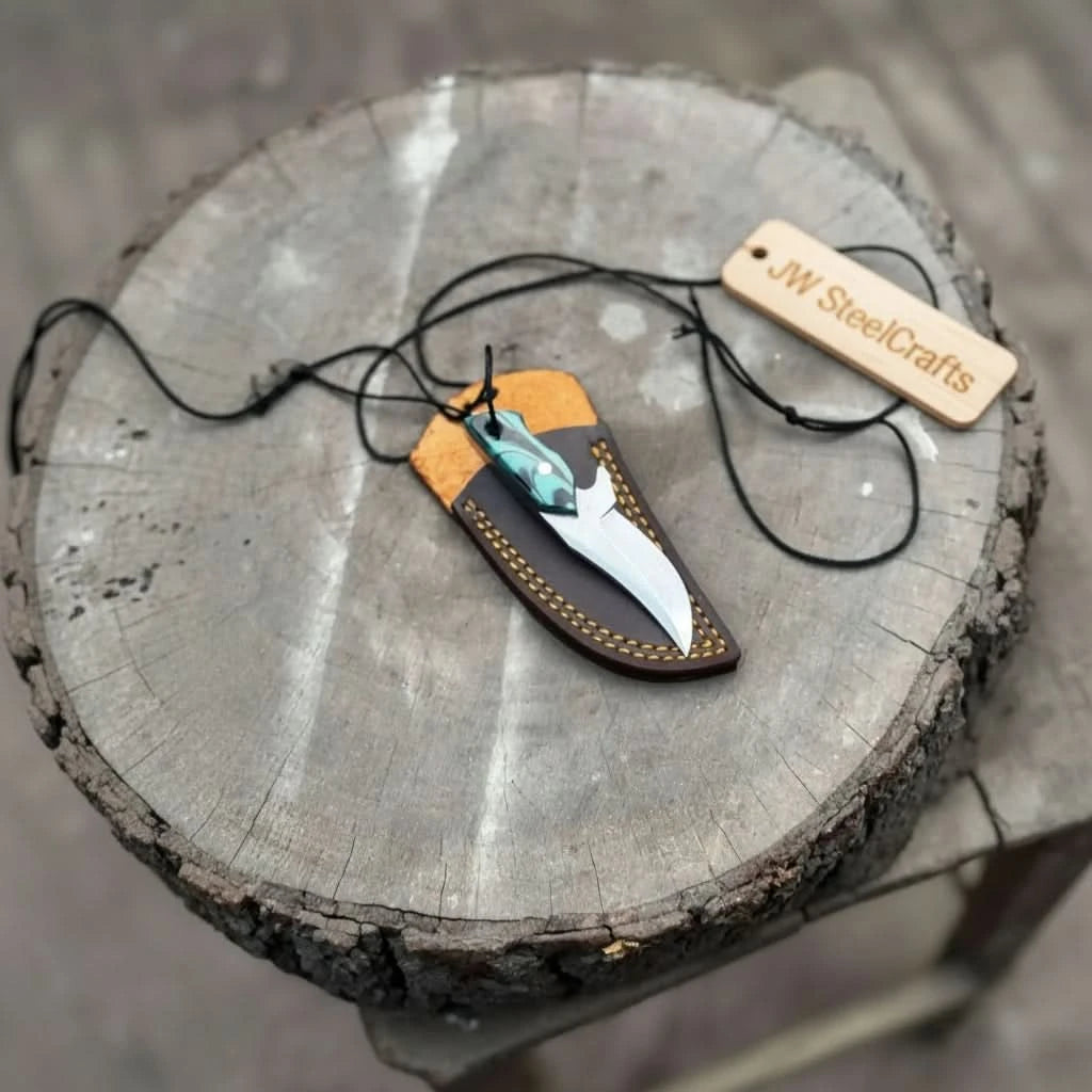 Neck Knife with Leather Sheath – Mini Damascus Pattern Blade | Green Resin Handle | JW SteelCrafts handmade Neck Knife by JW SteelCrafts