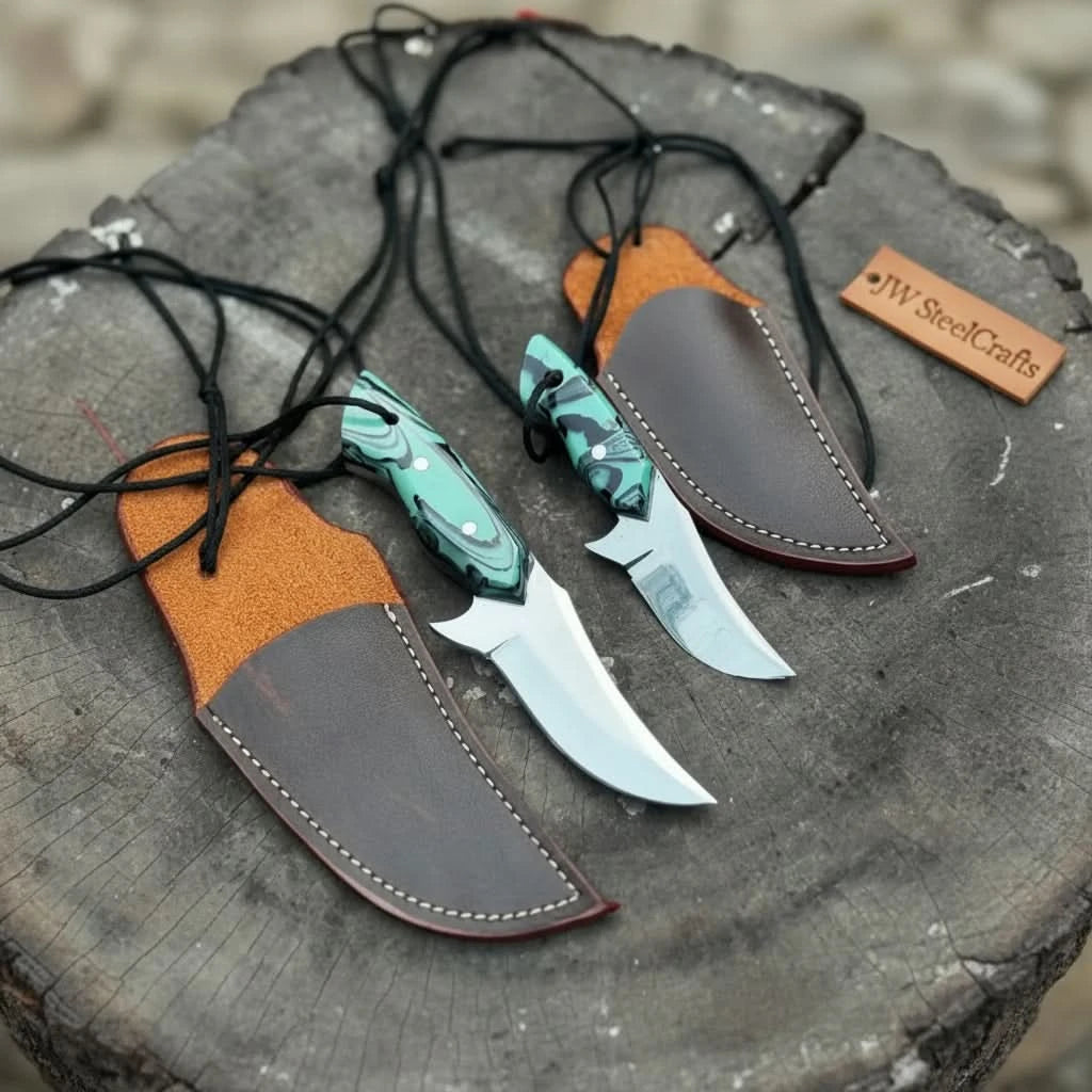 Neck Knife with Leather Sheath – Mini Damascus Pattern Blade | Green Resin Handle | JW SteelCrafts handmade Neck Knife by JW SteelCrafts