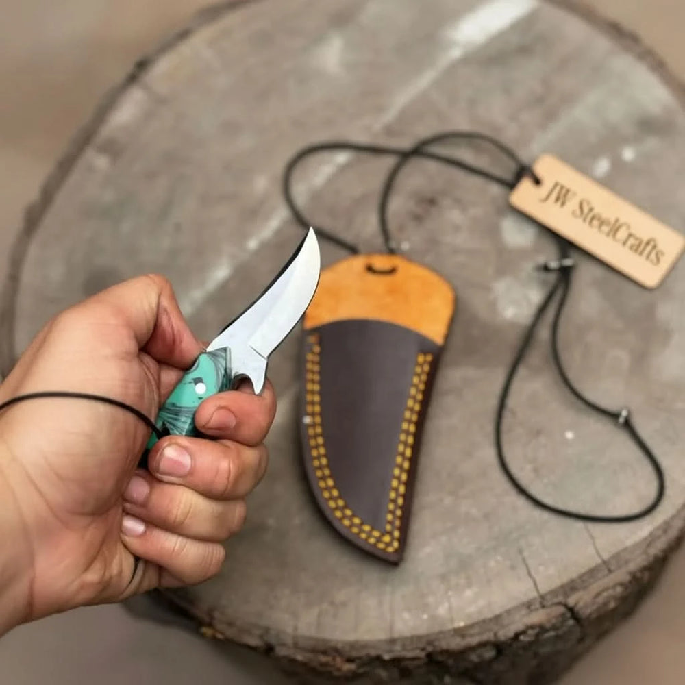 Neck Knife with Leather Sheath – Mini Damascus Pattern Blade | Green Resin Handle | JW SteelCrafts handmade Neck Knife by JW SteelCrafts