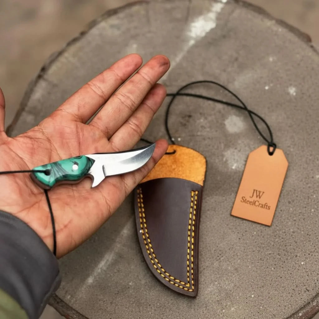 Neck Knife with Leather Sheath – Mini Damascus Pattern Blade | Green Resin Handle | JW SteelCrafts handmade Neck Knife by JW SteelCrafts