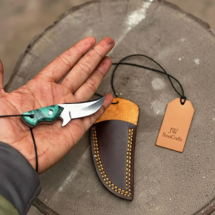 Neck Knife with Leather Sheath – Mini Damascus Pattern Blade | Green Resin Handle | JW SteelCrafts handmade Neck Knife by JW SteelCrafts