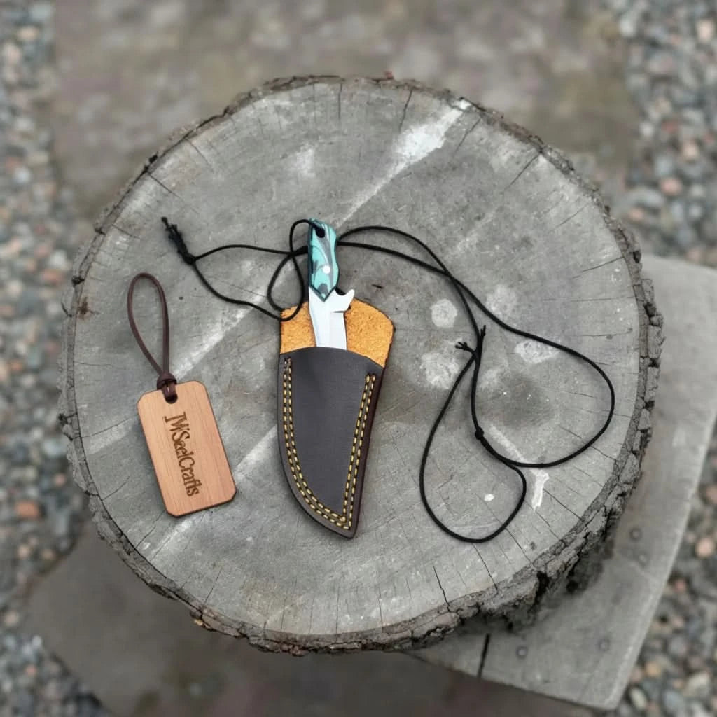 Neck Knife with Leather Sheath – Mini Damascus Pattern Blade | Green Resin Handle | JW SteelCrafts handmade Neck Knife by JW SteelCrafts