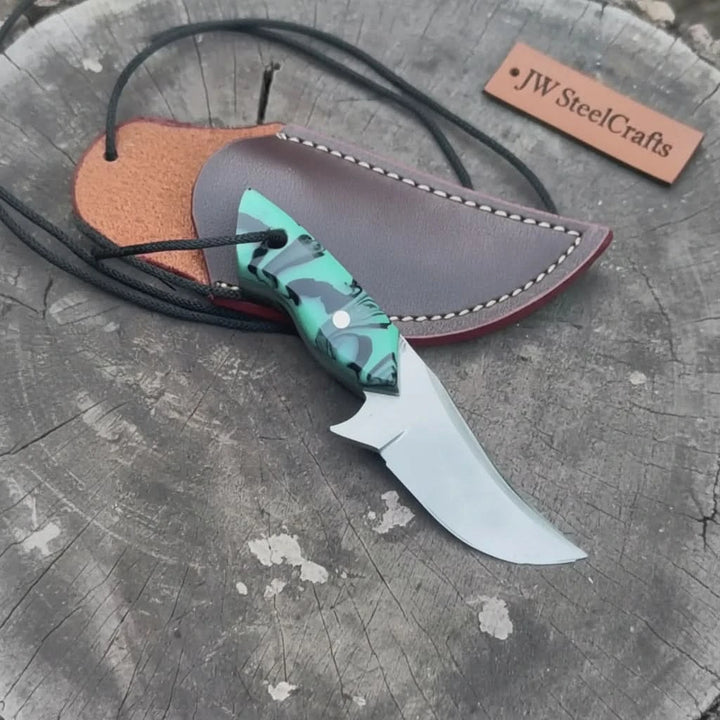 Neck Knife with Leather Sheath – Mini Damascus Pattern Blade | Green Resin Handle | JW SteelCrafts handmade Neck Knife by JW SteelCrafts