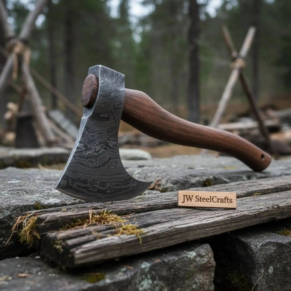 Oak-inspired Viking Damascus hatchet showcasing intricate blade patterns and smooth wooden handle outdoors.