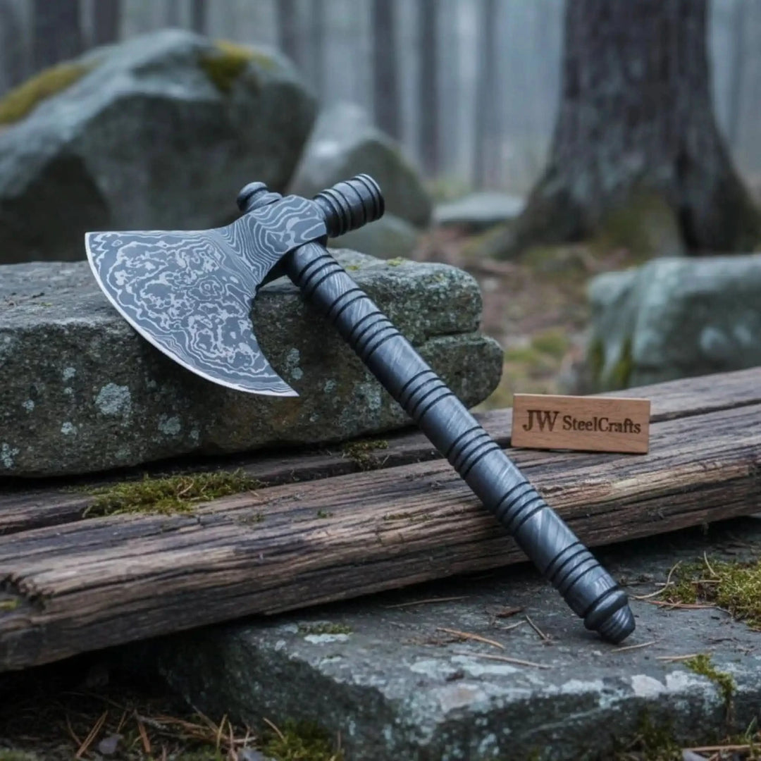 Maple-inspired Viking combat hatchet featuring intricate Damascus engravings and textured black handle outdoors.