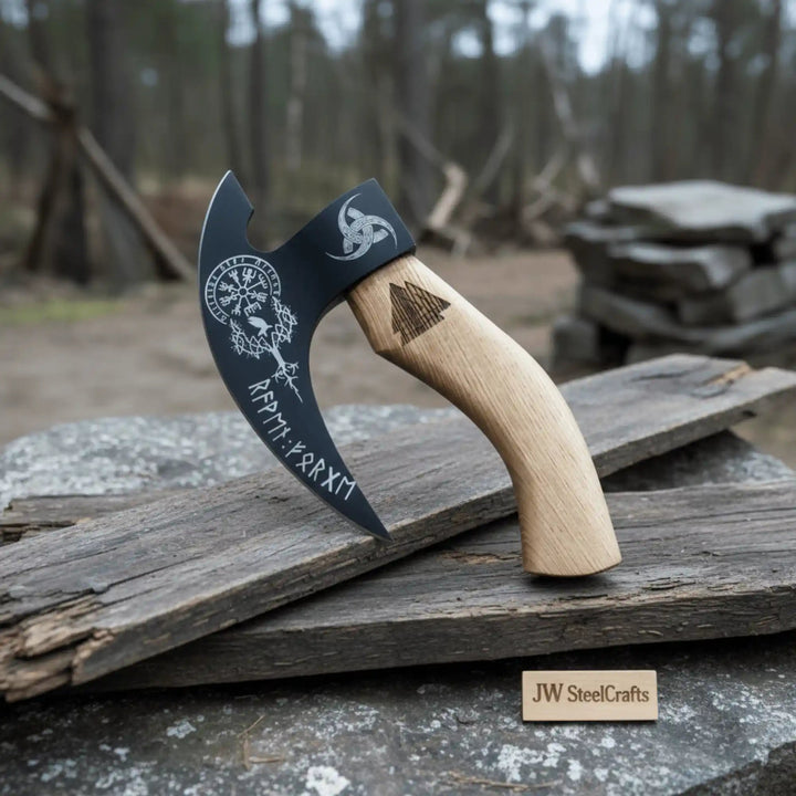 Compact Viking camping axe featuring etched symbols on a matte black blade and smooth curved wooden handle.