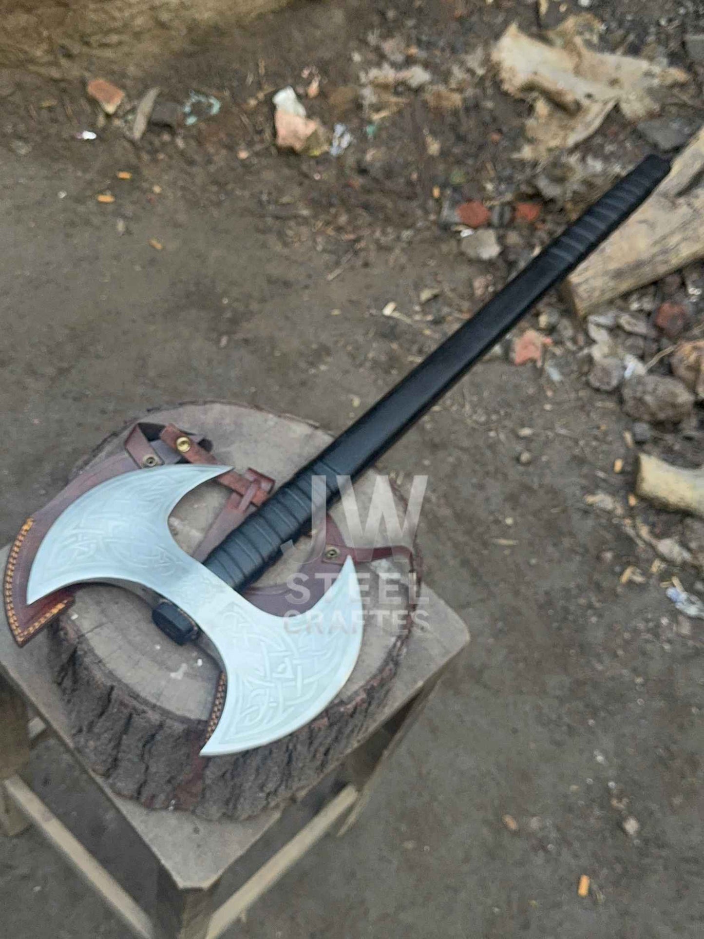 Handmade Viking Double-Headed Battle Axe – Custom Engraved Blade with Leather Sheath