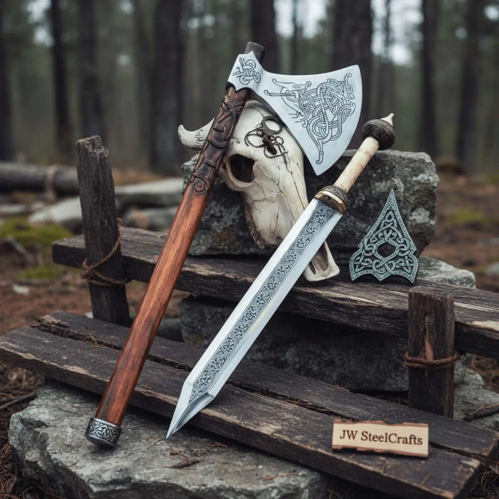    Artisan-crafted Viking battle axe and engraved sword with detailed Nordic patterns showcased in a forest scene.
