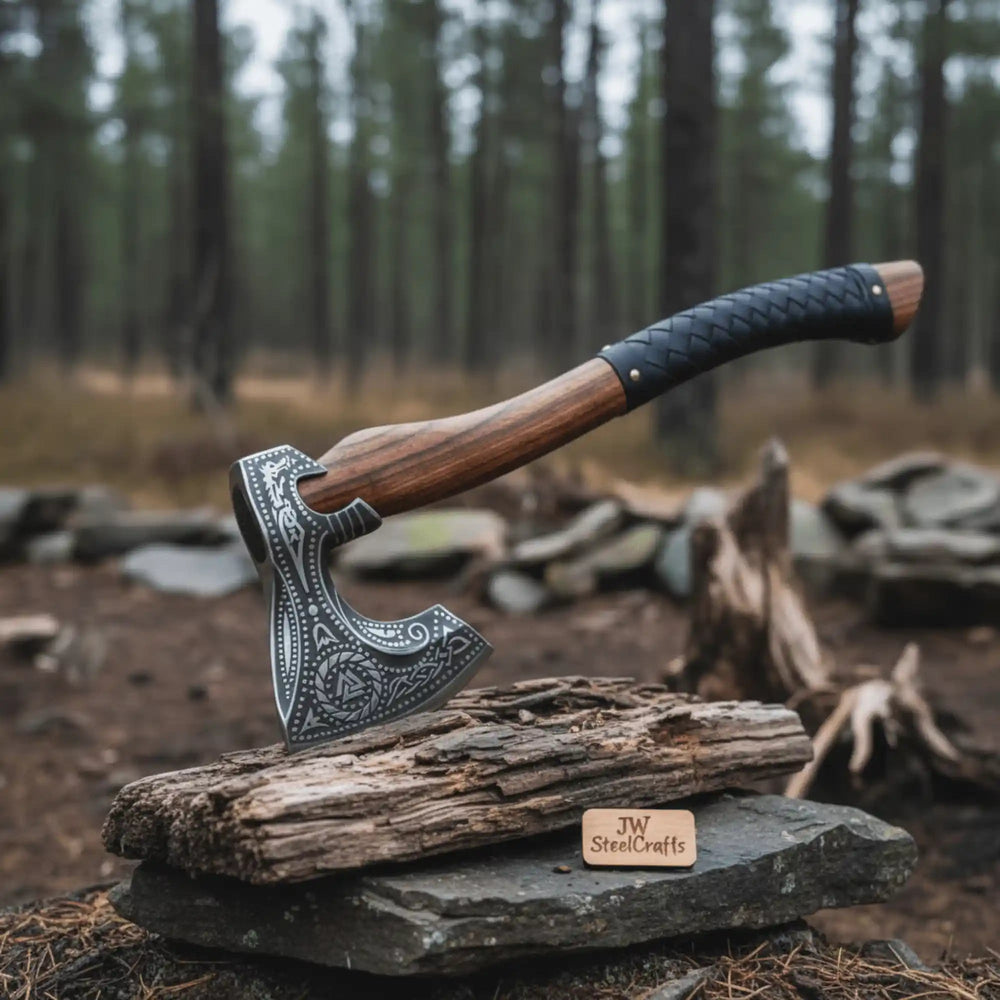 Norse Engraved Camp Hatchet with Leather Wrapped Handle and Belt Sheath | JW SteelCrafts handmade Handmade Axe by JW SteelCrafts