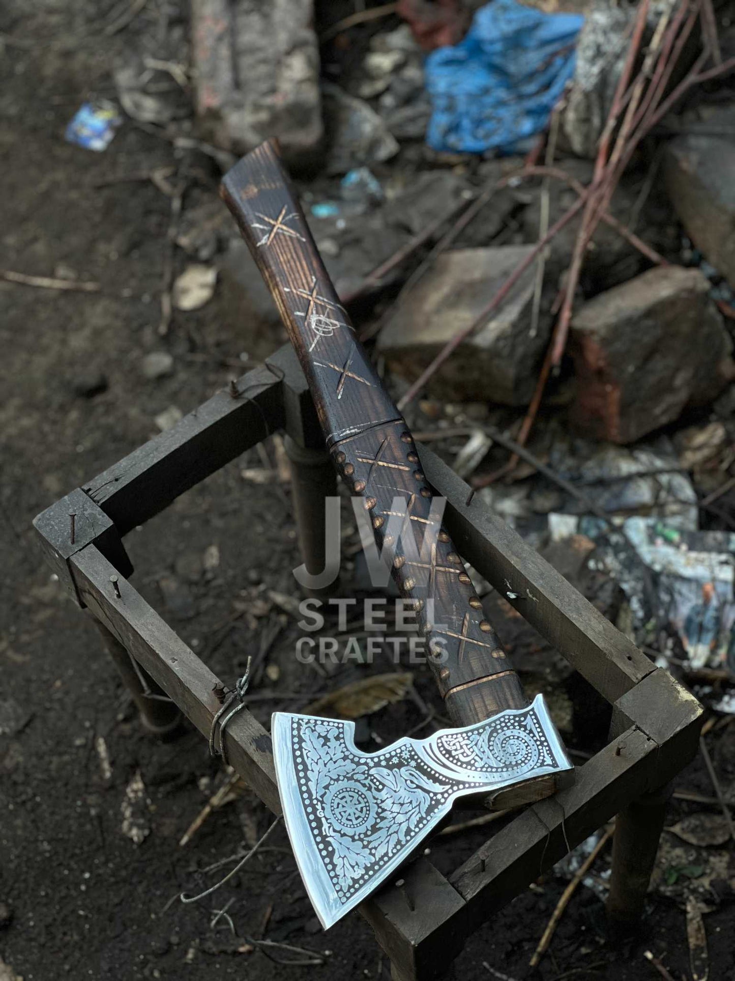 Handmade Viking Axe – Engraved Steel Head with Carved Wooden Handle