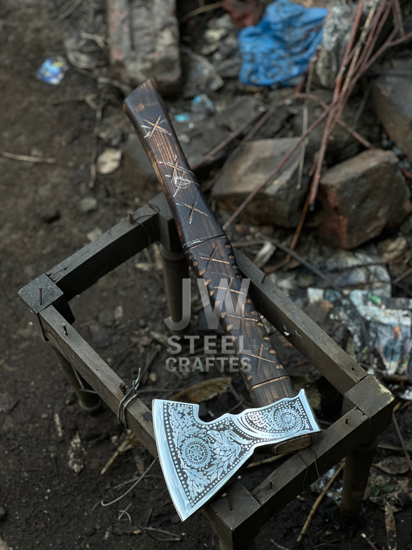 Handmade Viking Axe – Engraved Steel Head with Carved Wooden Handle