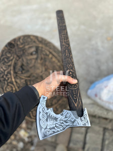 Handmade Viking Axe with Wolf Engraving & Wooden Shield – Norse Collectible Set