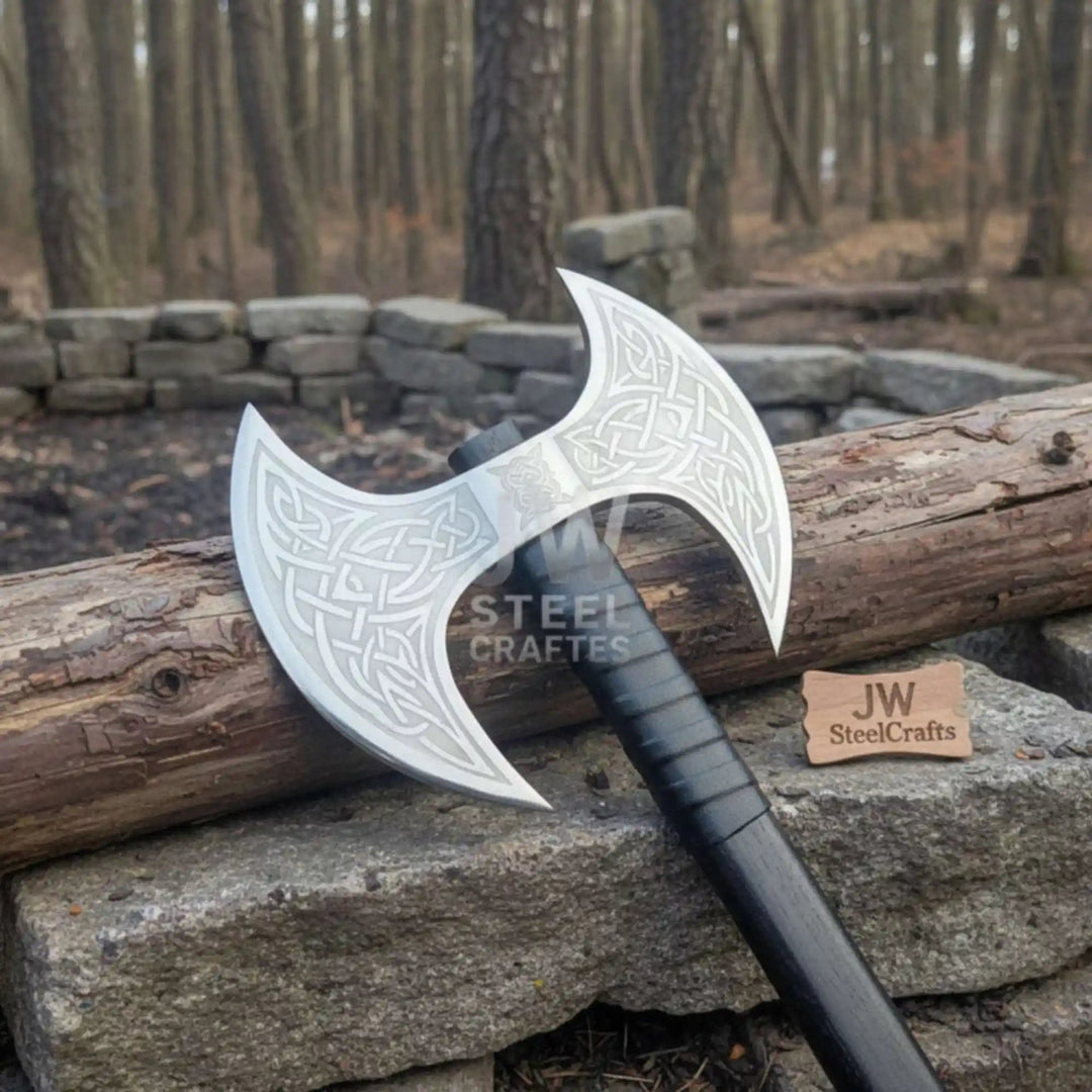 Phoenix-inspired Viking war pole axe with decorative blade carvings and extended black wrapped shaft.