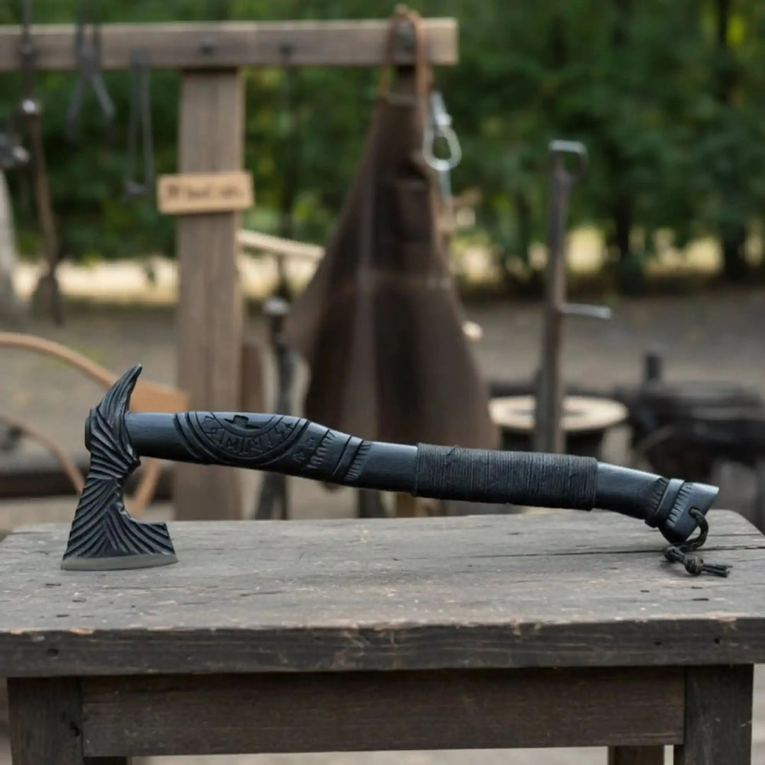 Ravencliff-themed Norse tactical axe with artistic Nordic carvings and black survival grip outdoors.