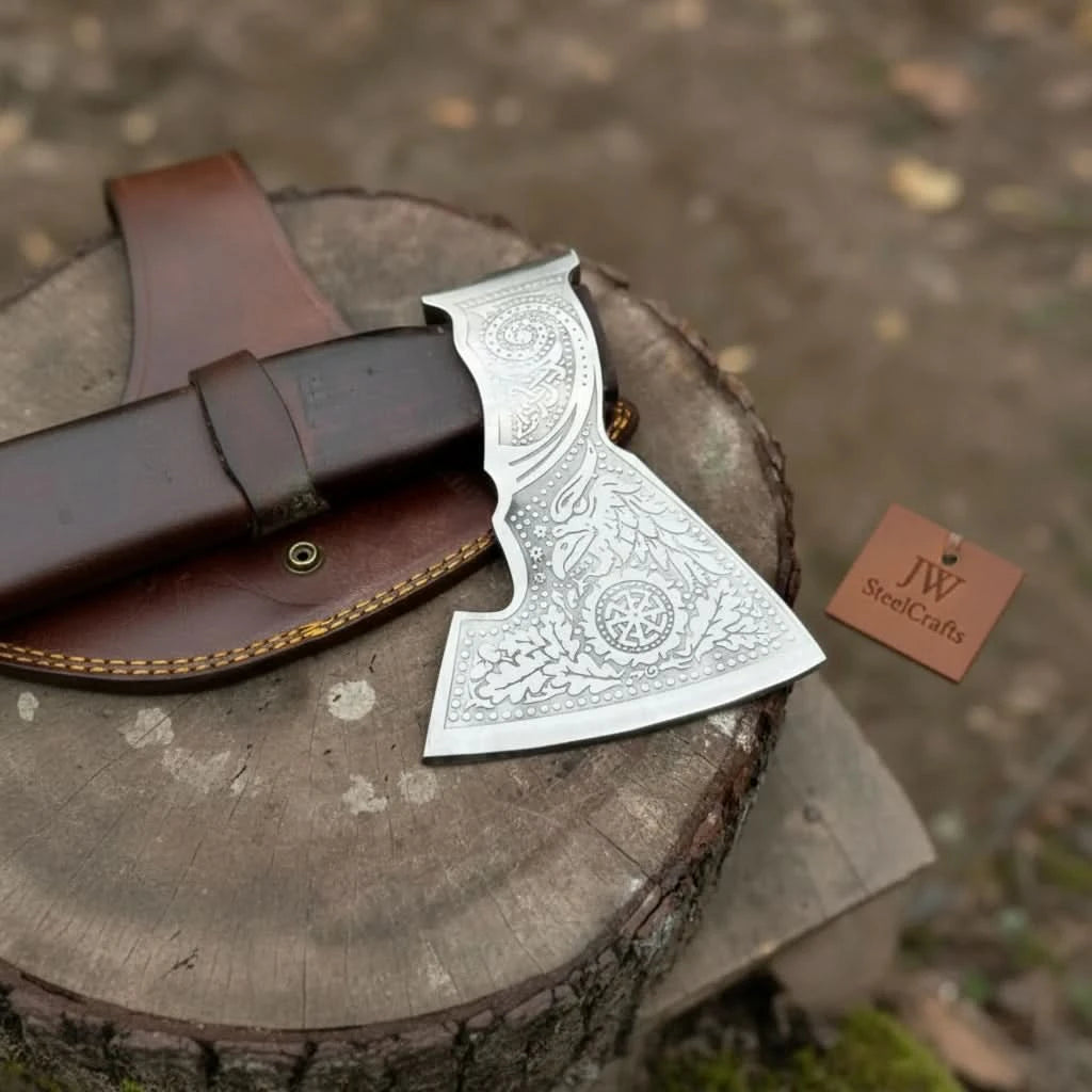 Mooncrest-inspired Viking combat blade with handcrafted Nordic engravings and decorative floral steel patterns.