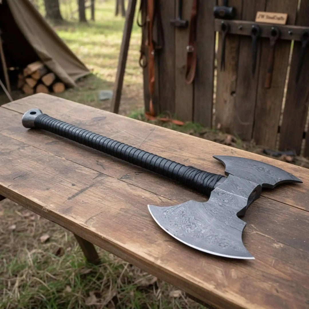     Pioneer-themed Norse tactical hatchet showcasing polished steel blade curves and handcrafted outdoor styling.