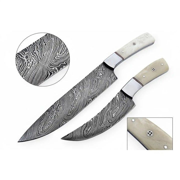Charcoal Damascus hunting knife with black handle and stitched brown leather cover
