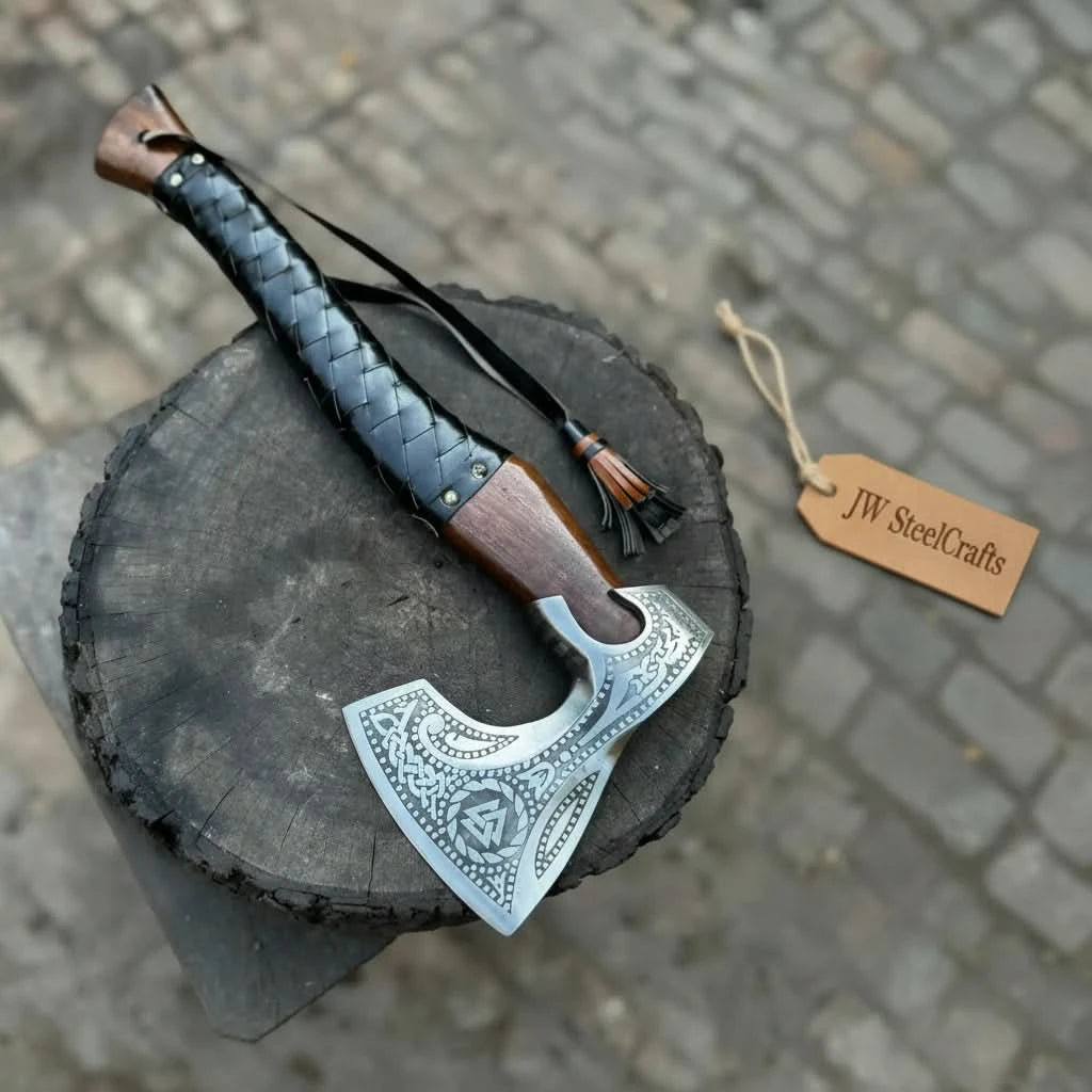 Pyreclaw-themed Nordic combat hatchet featuring black wrapped handle and polished steel axe head craftsmanship.