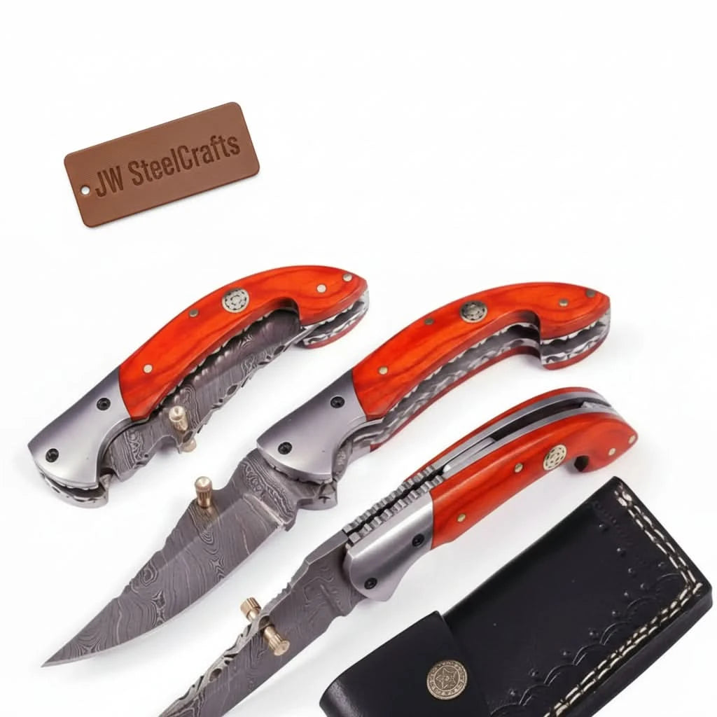     Decorative Damascus pocket knife with handmade styling, layered steel blade, and vibrant handle scales