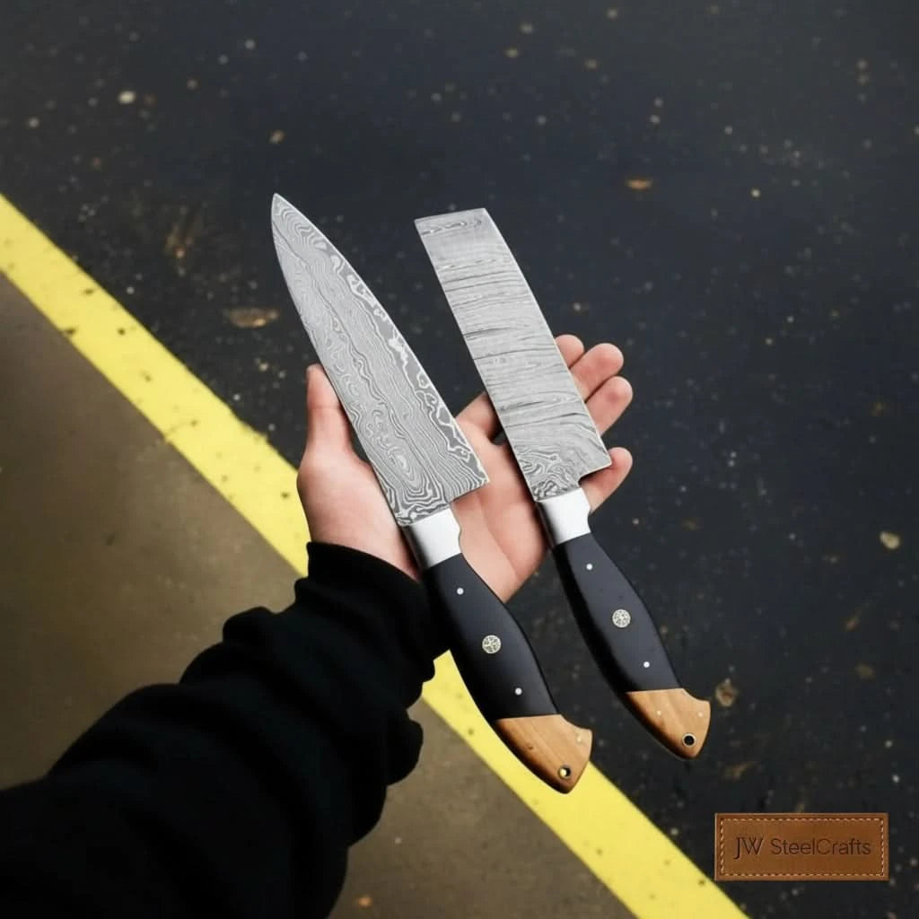 Live edge chef blade product shot featuring layered steel pattern and smooth dark grip