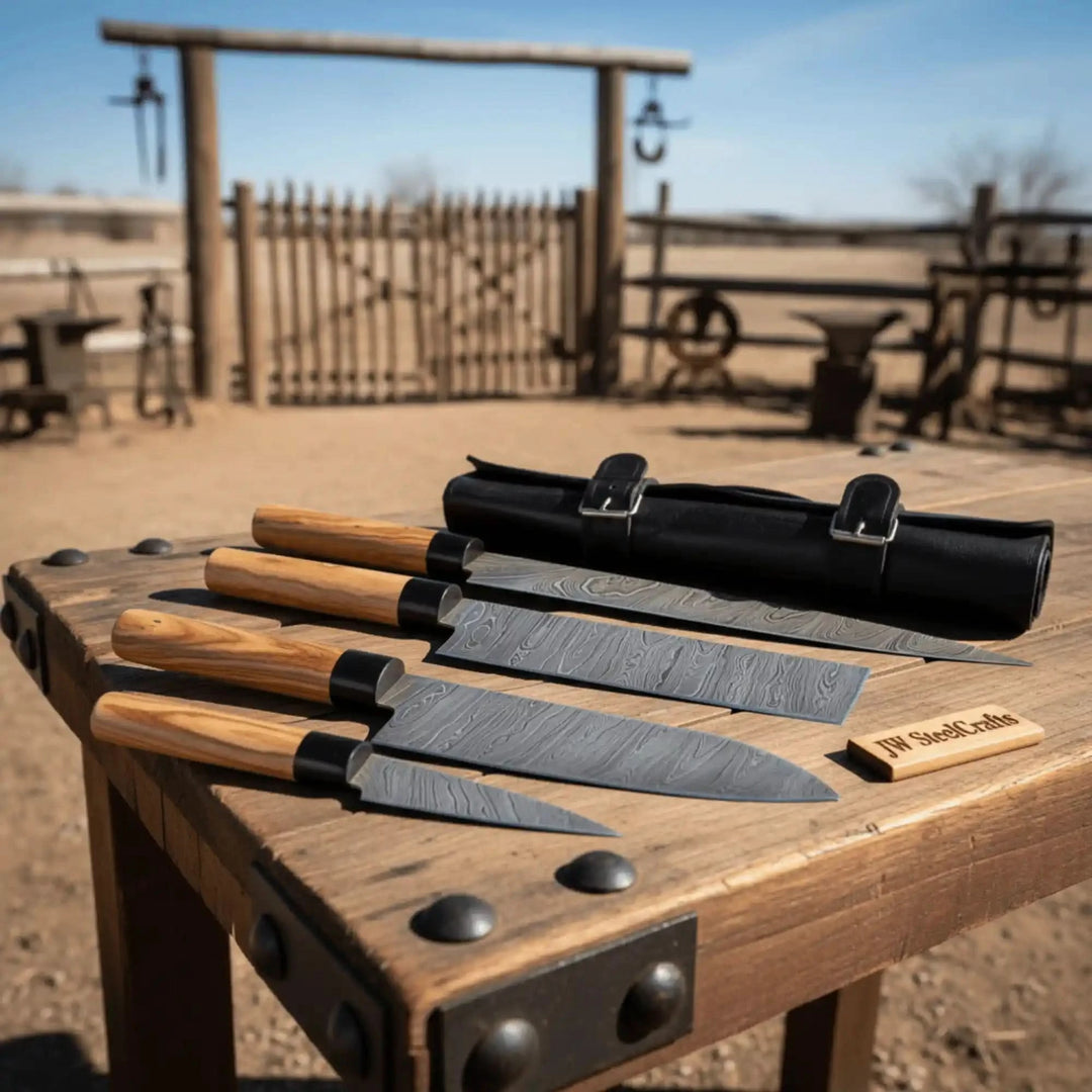 Kitchen knives showcasing polished forged steel surfaces and smooth handcrafted wooden handle contours.