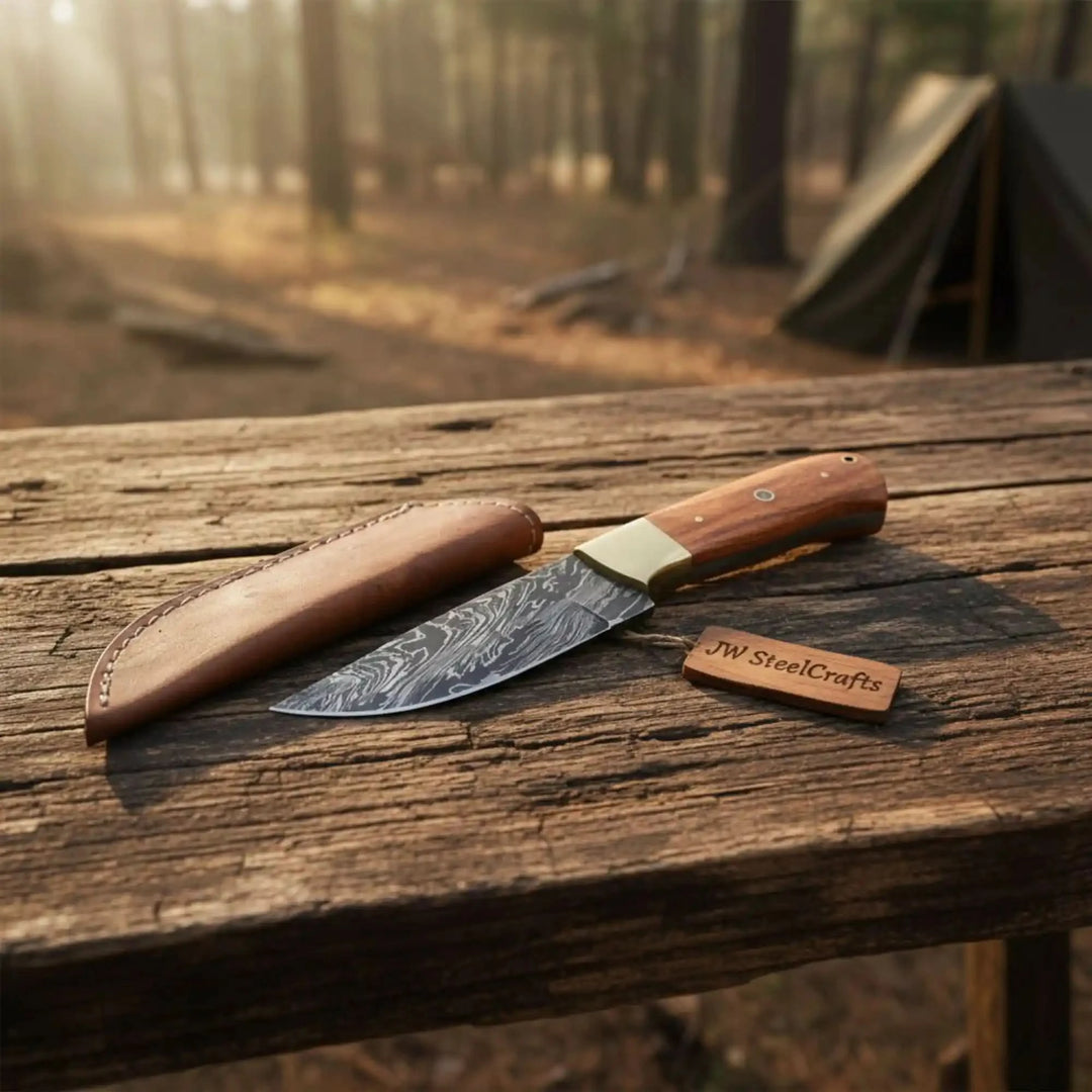 Sharp field knife with Damascus pattern blade, wooden handle, brown leather sheath, and outdoor campsite background.